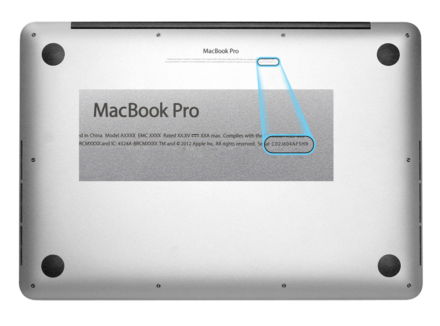 The serial number is printed on the underside of the Mac